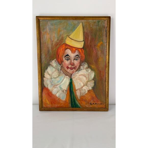 Wood Framed Clown with Yellow Hat Panting on Canvas by L. Collany 25" x 19" - Picture 1 of 11